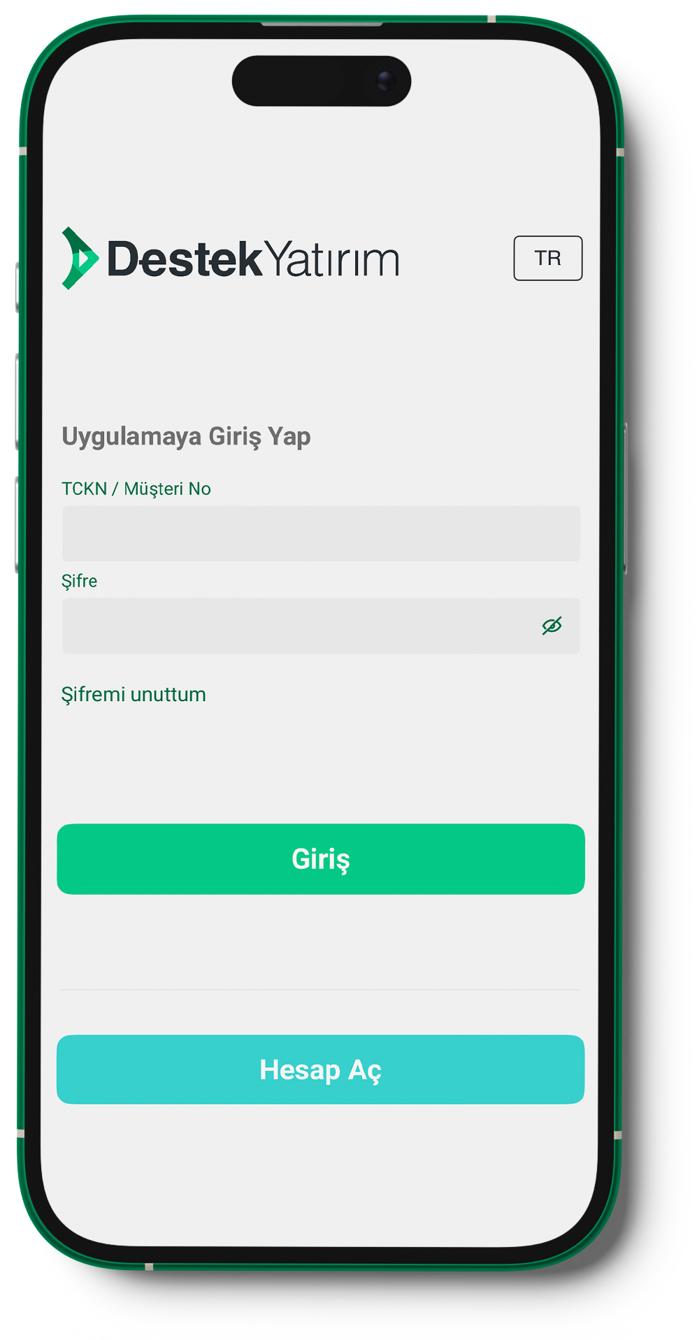 Destek Yatırım mobil uygulama giriş ekranı