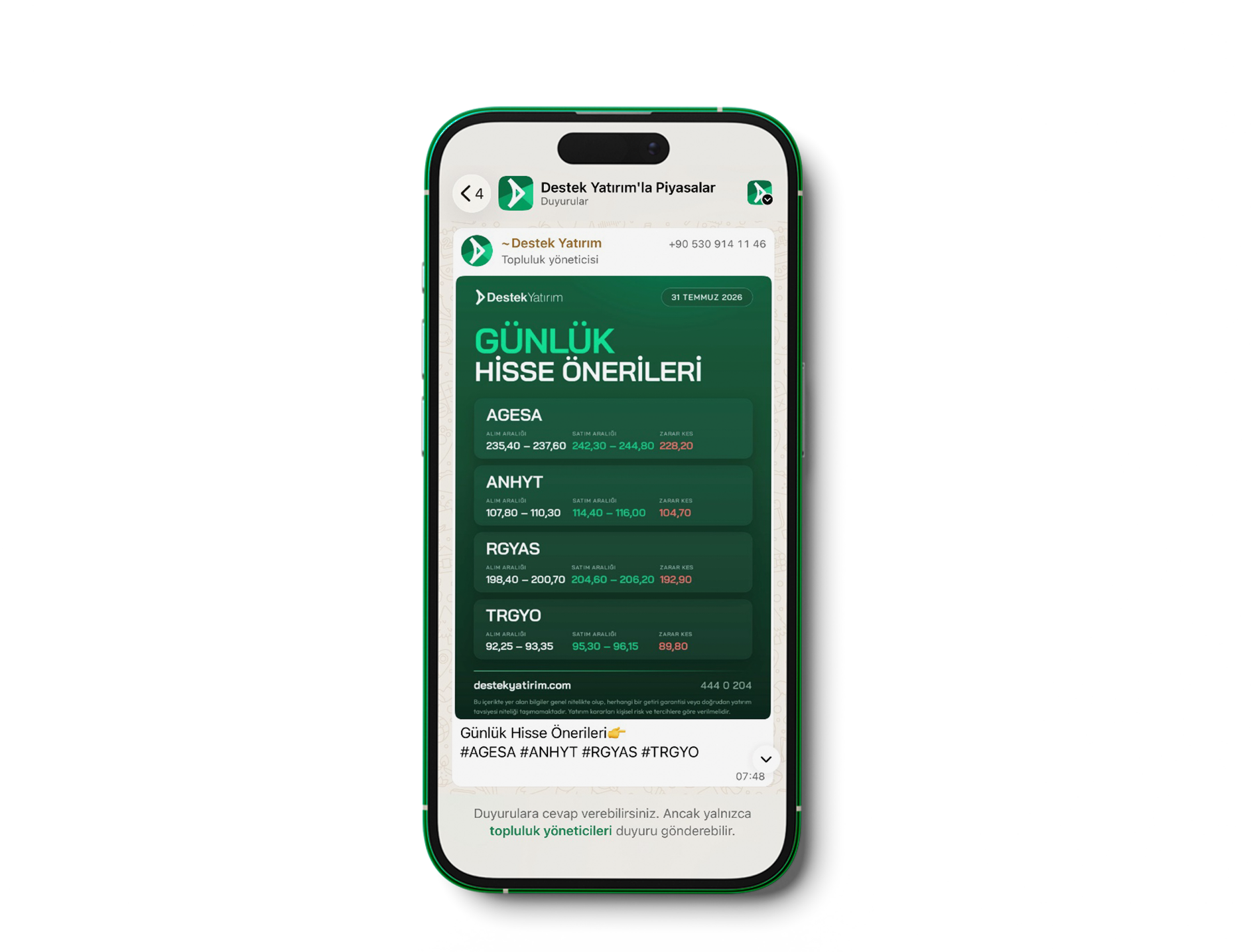 Destek Yatırım’la Piyasalar WhatsApp kanalı arayüzü